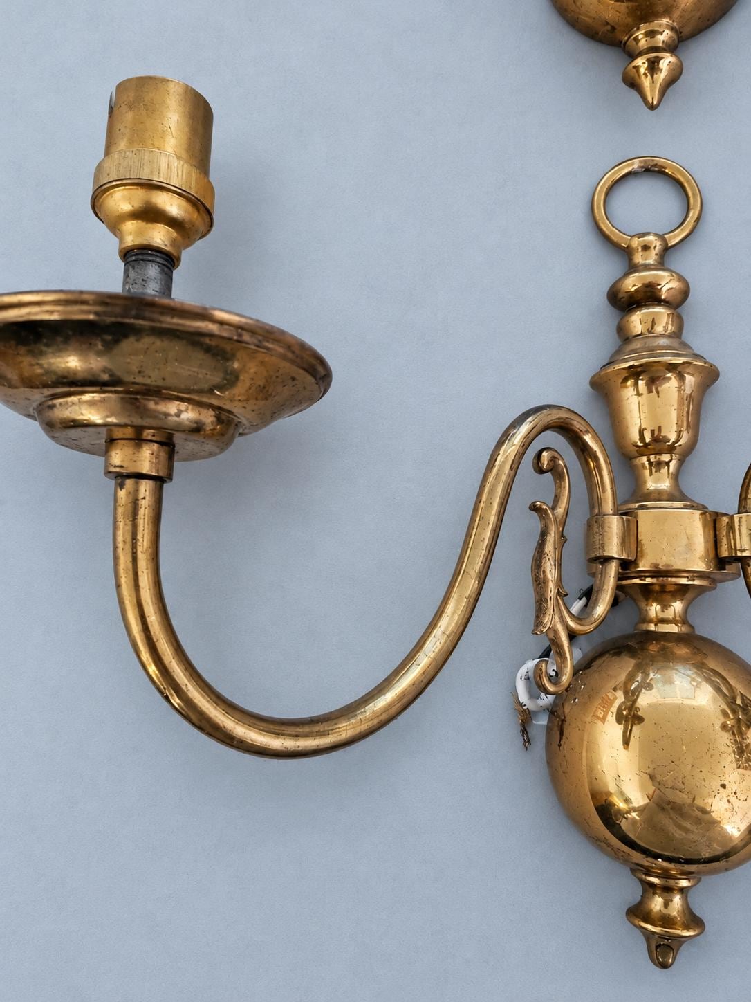 Pair of Brass-Tone Two-Arm Wall Sconces, Dutch Baroque Style, Vintage Ball Base Lights
