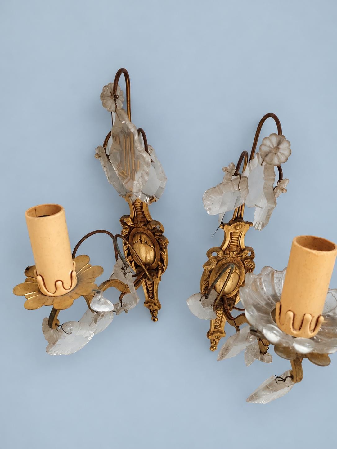 Pair of Gilt Louis XVI Style Wall Sconces with Glass Drops, Vintage