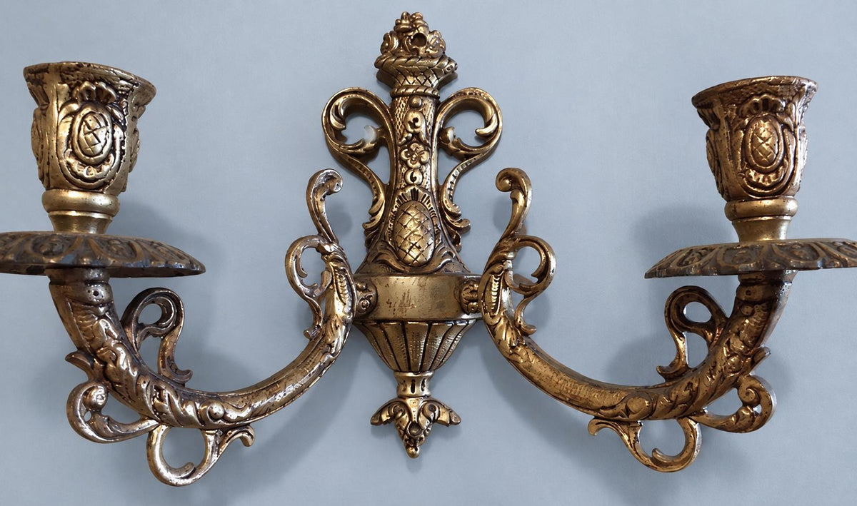 Rococo Style Gilt Two-Arm Wall Sconce with Pineapple Motif and Scrolled Arms, Vintage