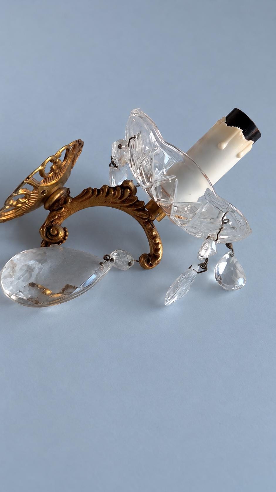 Vintage Pair of Louis XV Style Single-Light Wall Sconces, Gilt Brass with Cut Glass Drip Pans and Faceted Glass Drops, 18 cm