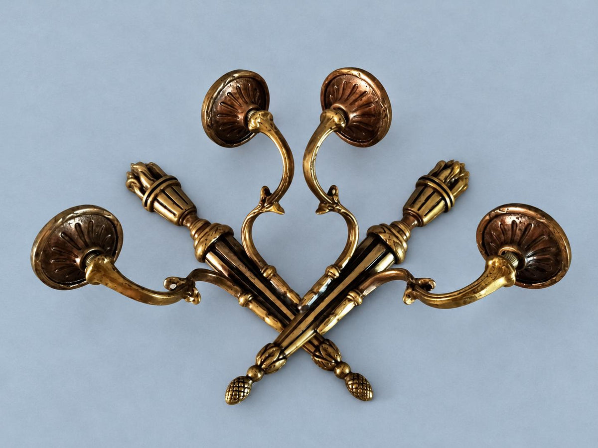 Pair of Brass Louis XVI Style Torch Wall Sconces, Two-Arm Neoclassical Lights, Vintage