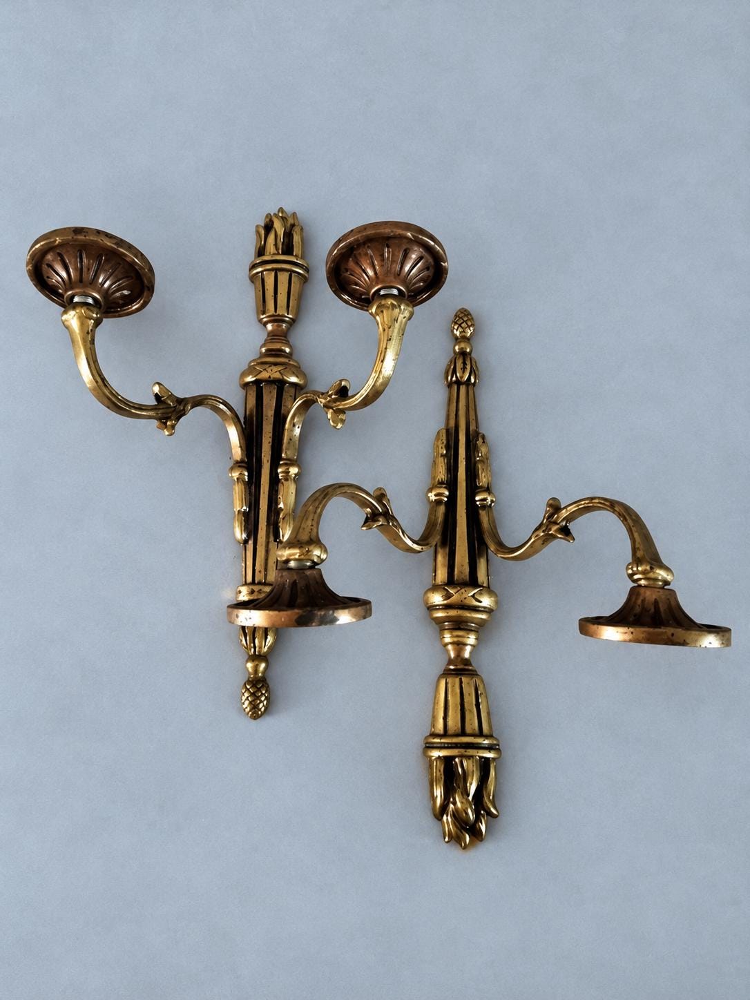 Pair of Brass Louis XVI Style Torch Wall Sconces, Two-Arm Neoclassical Lights, Vintage