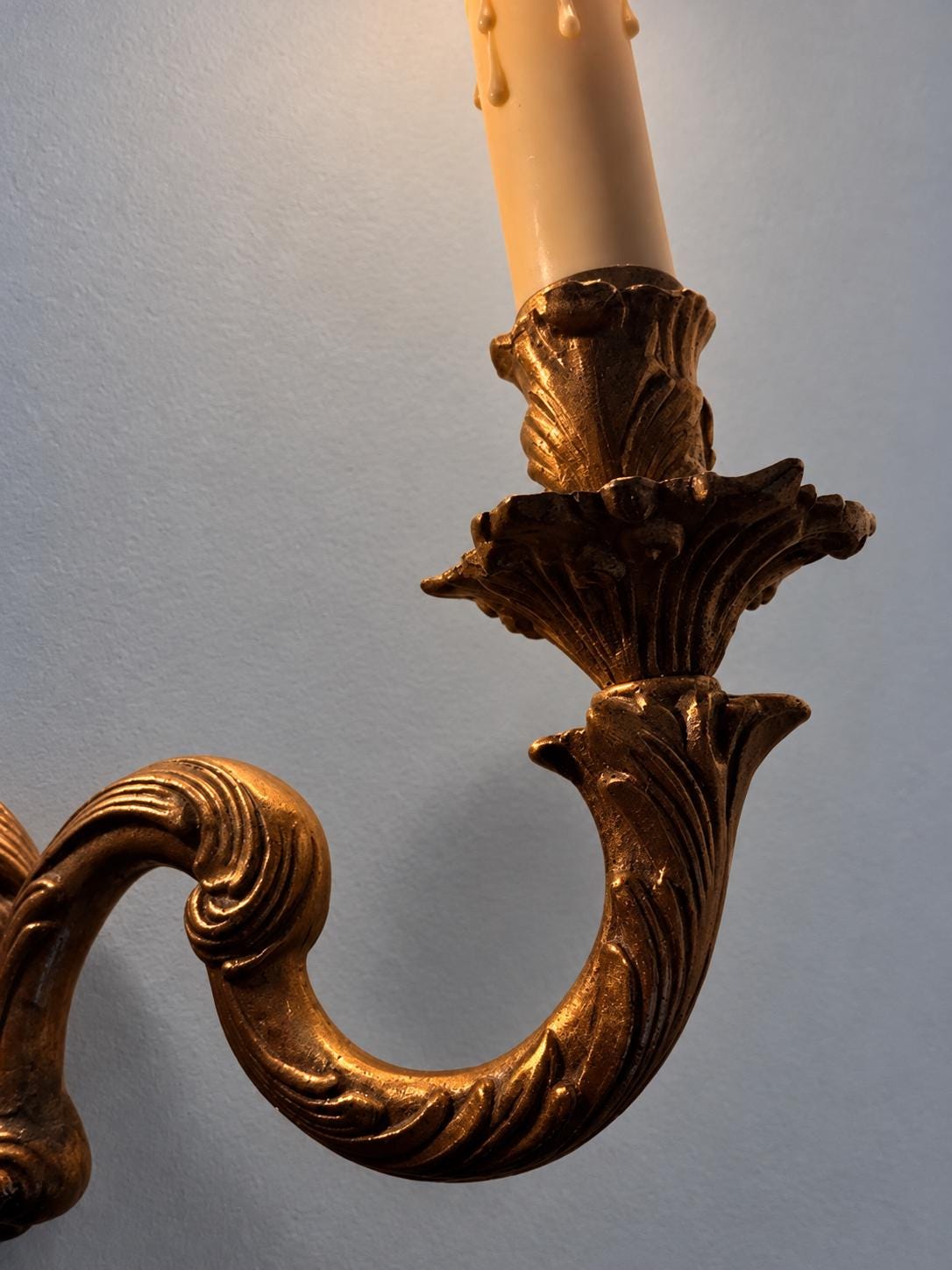 Louis XV Style Gilt Two-Arm Wall Sconce, Interlaced Scroll Arms, 1950s Vintage