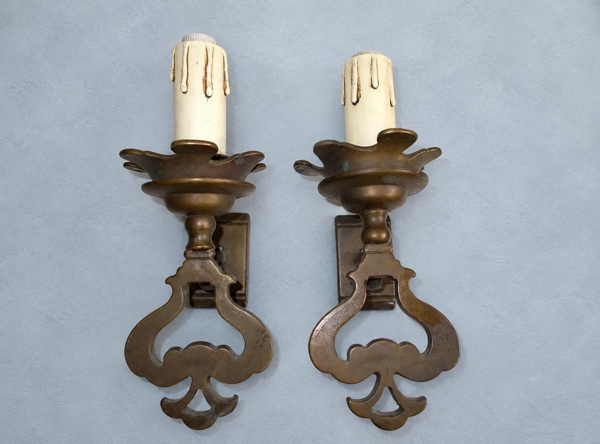Vintage Pair of Patinated Metal Single-Light Wall Sconces, Pierced Spade-Shaped Body with Scalloped Drip Pans, Rustic Old World Wall Lights