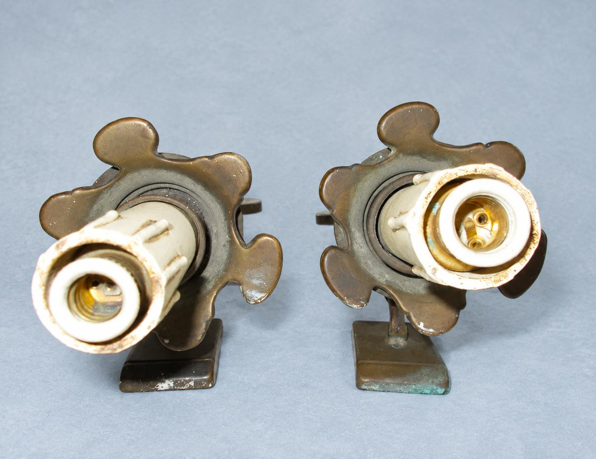 Vintage Pair of Patinated Metal Single-Light Wall Sconces, Pierced Spade-Shaped Body with Scalloped Drip Pans, Rustic Old World Wall Lights