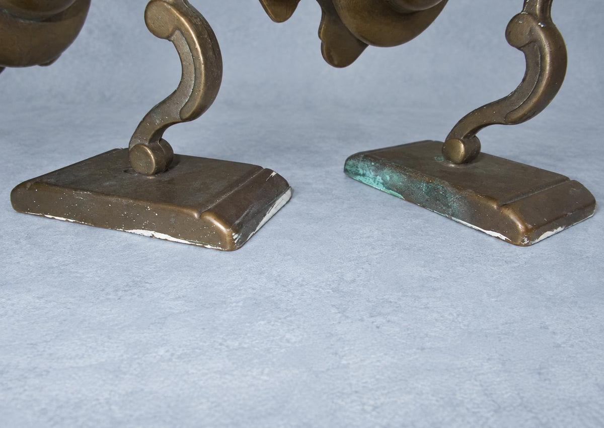 Vintage Pair of Patinated Metal Single-Light Wall Sconces, Pierced Spade-Shaped Body with Scalloped Drip Pans, Rustic Old World Wall Lights