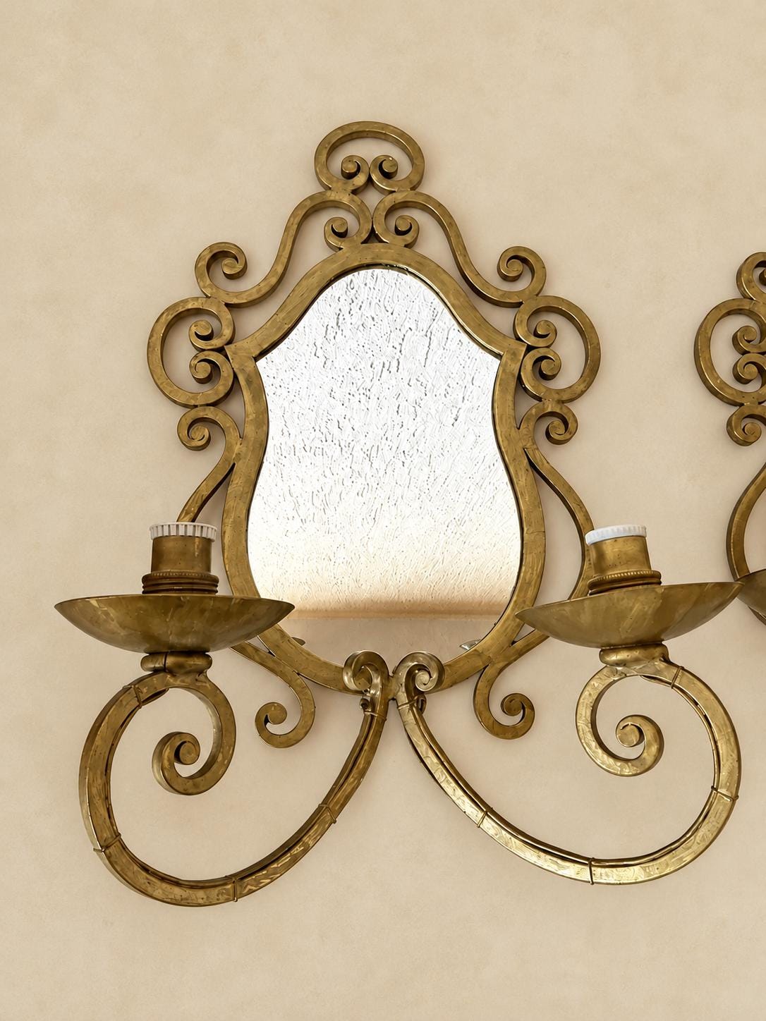 Pair of Gilt Metal Two-Arm Mirror Wall Sconces, Scrolled Arabesque Frame, Vintage