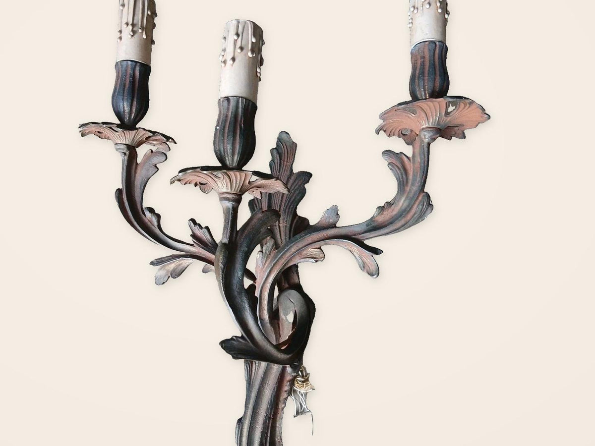 Pair of Vintage Large Louis XV Style Bronze Wall Sconces, Three-Arm Rocaille Acanthus Design, Dark Patina with Copper Tones