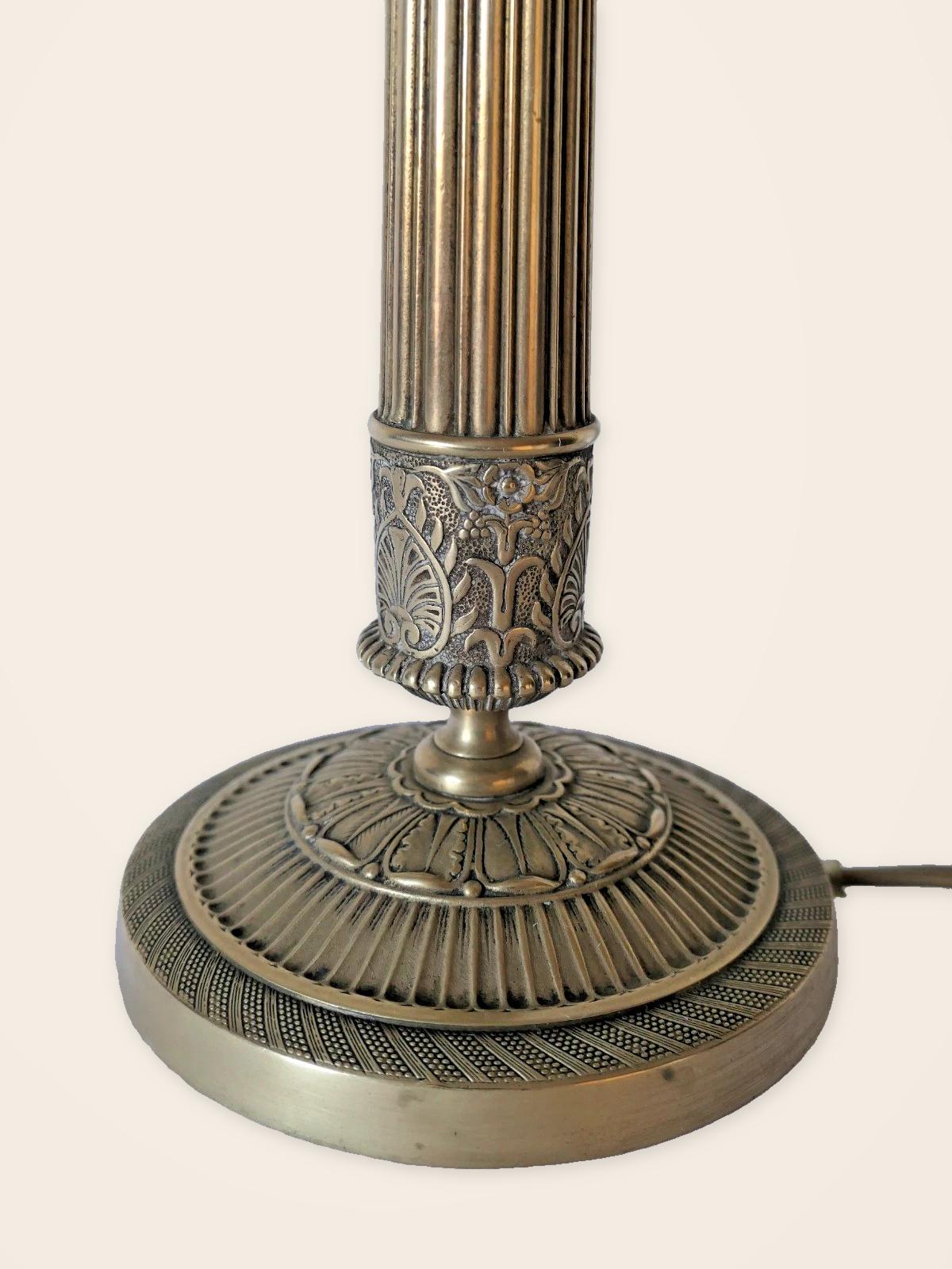 Vintage Empire Style Bronze Column Table Lamp, Fluted Candlestick Base with Palmette Band, Oval Ivory Shade with Apricot Trim