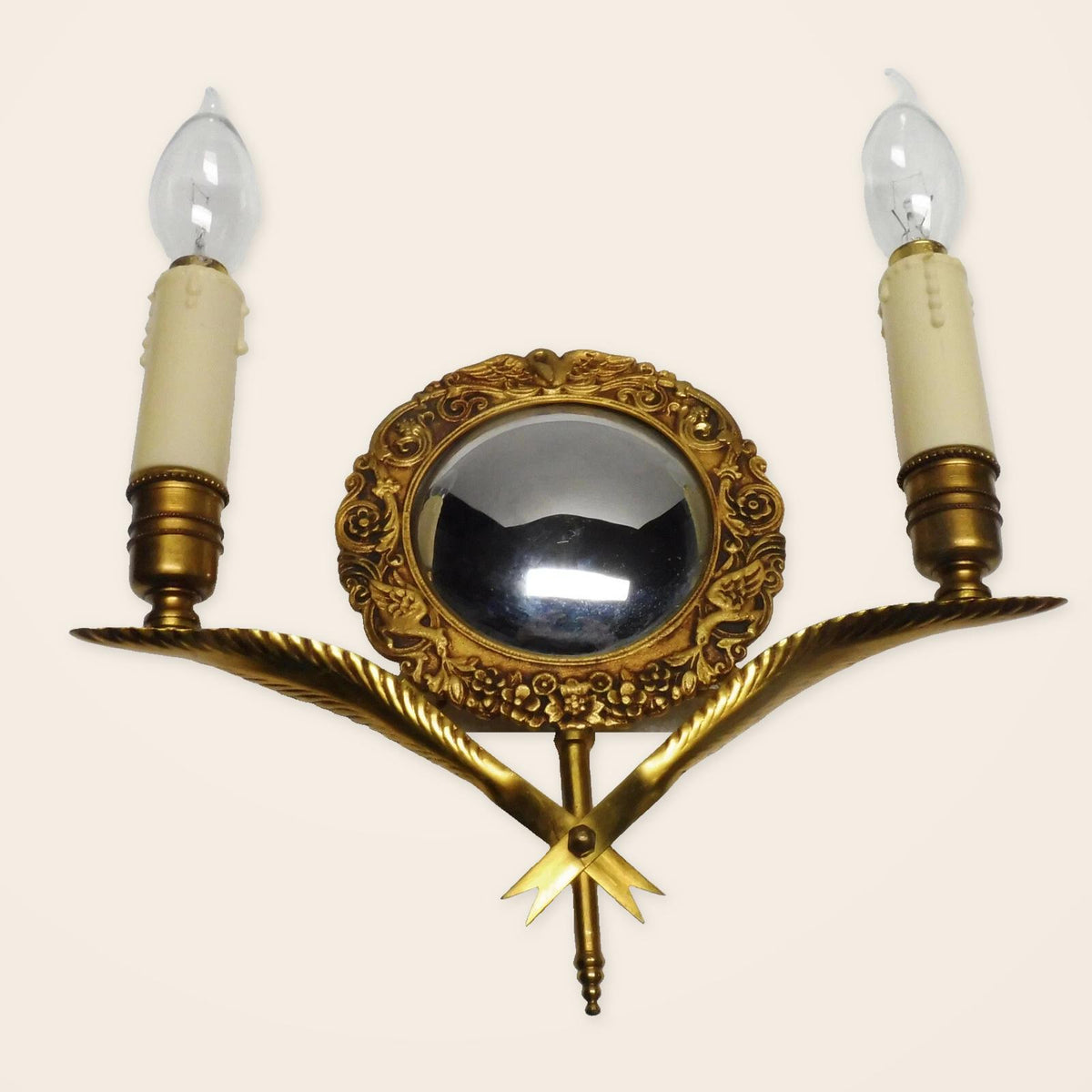 Vintage Gilt Bronze Double Wall Sconce with Convex Witch’s Mirror, Swan and Flower Frame, Crossed Leaf Arms, Mid Century