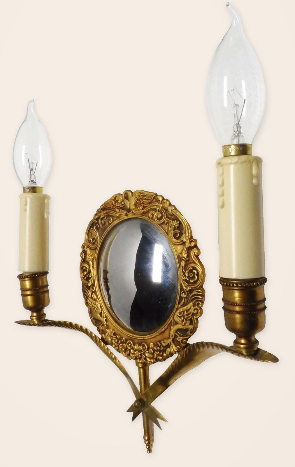 Vintage Gilt Bronze Double Wall Sconce with Convex Witch’s Mirror, Swan and Flower Frame, Crossed Leaf Arms, Mid Century