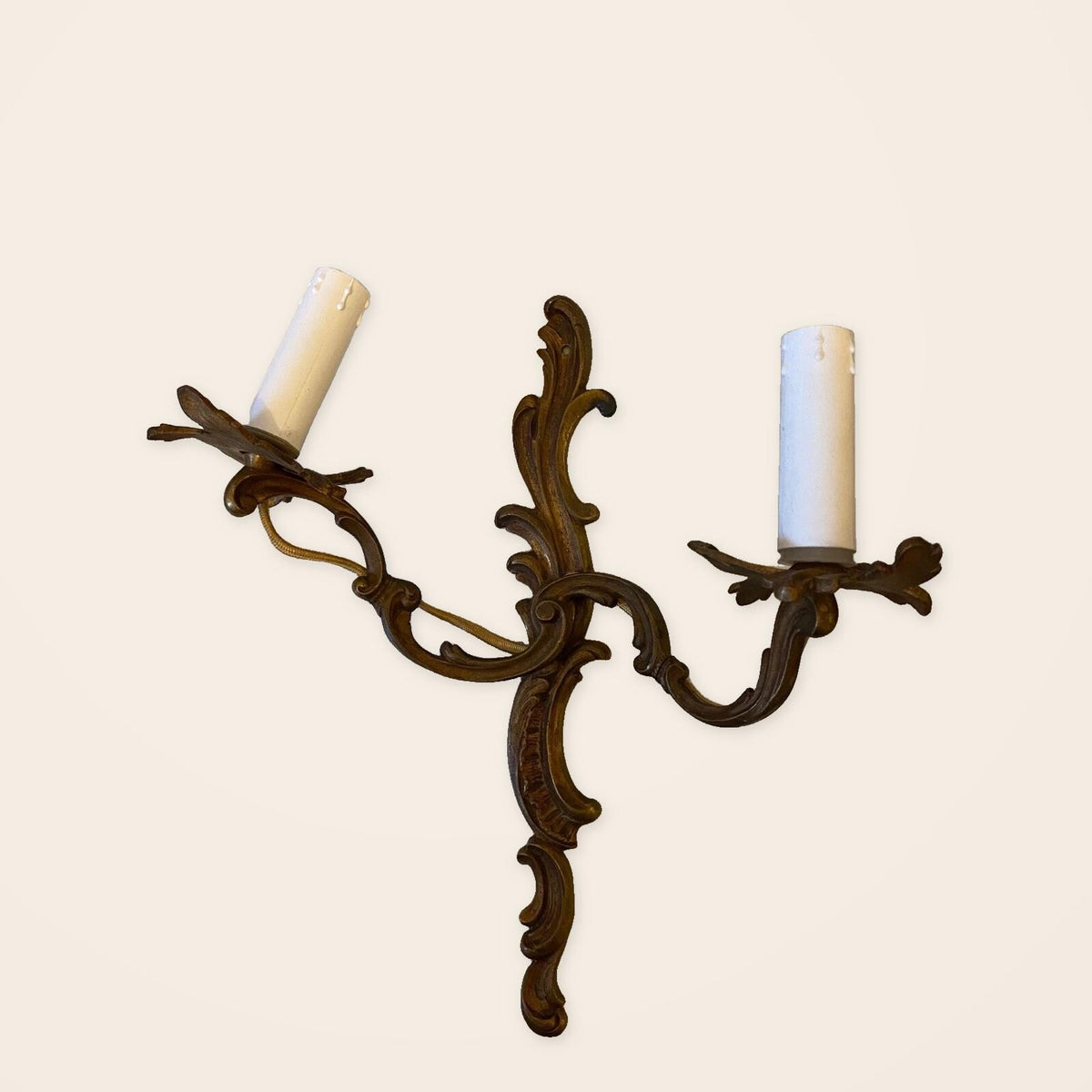 Vintage Louis XV Style Bronze Double Wall Sconce, Rocaille Scroll Backplate with Two Curling Arms and Leaf Bobeches