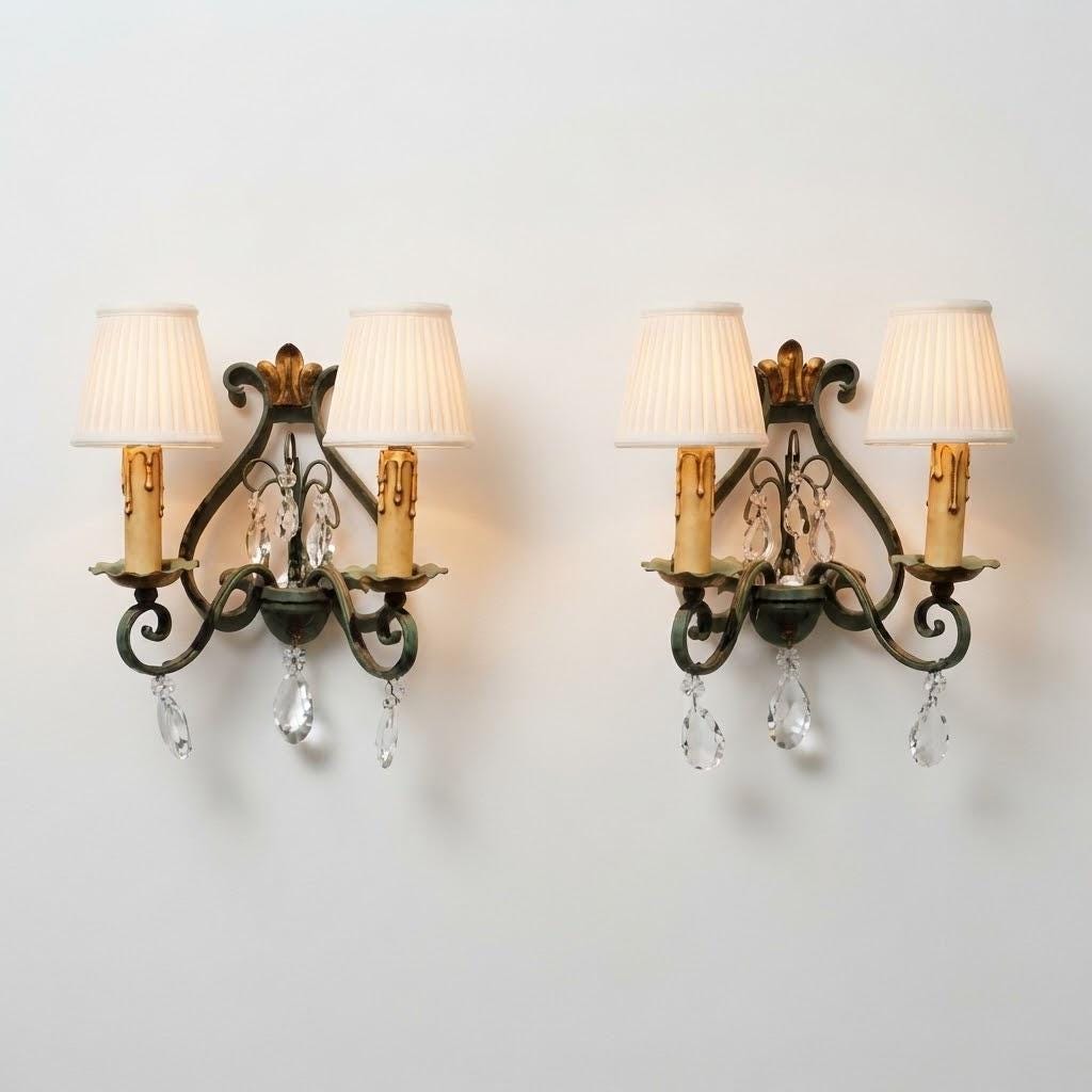 Pair of Vintage 1950s Verdigris Wrought Iron Wall Sconces, Gilt Fleur-de-Lis Crest, Glass Drops, Hollywood Regency Lights
