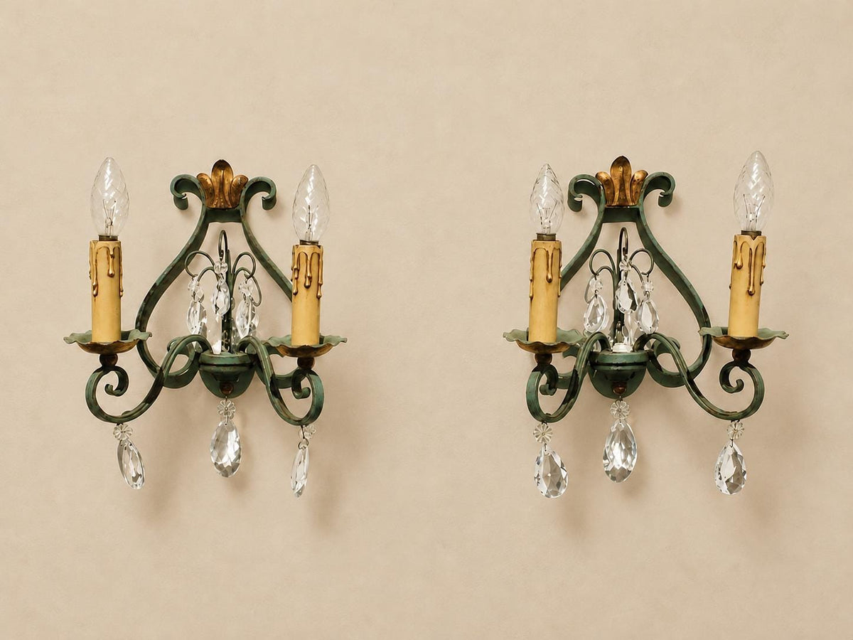 Pair of Vintage 1950s Verdigris Wrought Iron Wall Sconces, Gilt Fleur-de-Lis Crest, Glass Drops, Hollywood Regency Lights