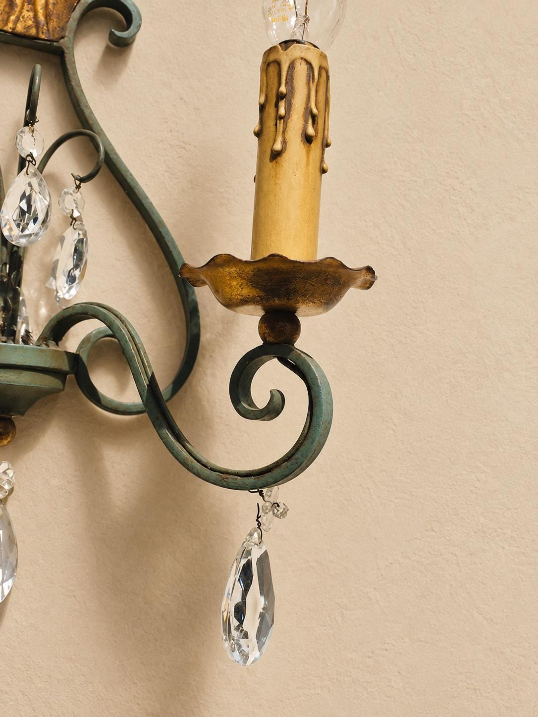 Pair of Vintage 1950s Verdigris Wrought Iron Wall Sconces, Gilt Fleur-de-Lis Crest, Glass Drops, Hollywood Regency Lights