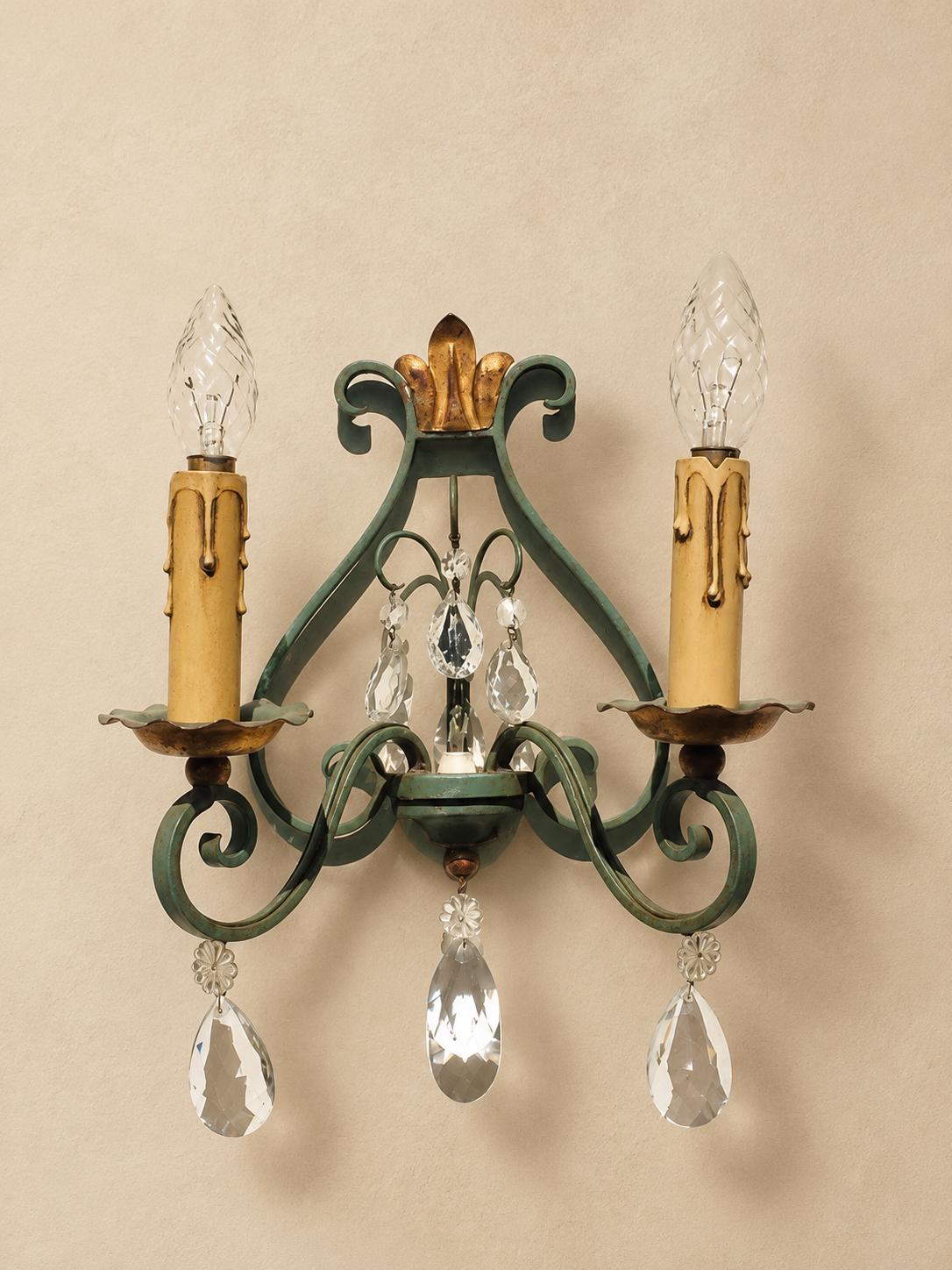 Pair of Vintage 1950s Verdigris Wrought Iron Wall Sconces, Gilt Fleur-de-Lis Crest, Glass Drops, Hollywood Regency Lights