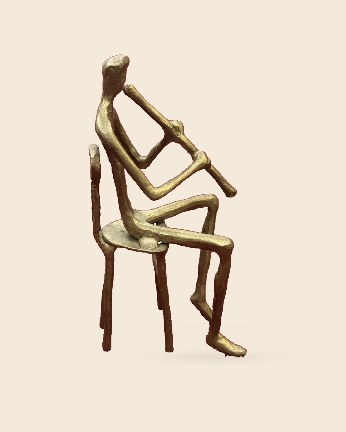 Vintage Bronze Modernist Figure Sculpture, Seated Man Playing the Flute on a Tall Chair, Musician Statuette, Music Decor