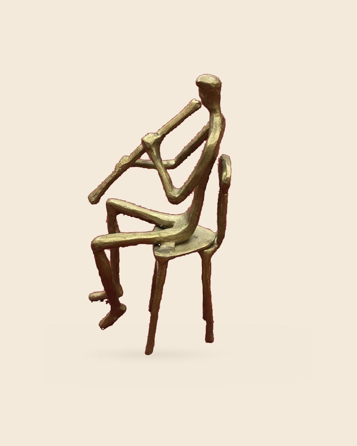 Vintage Bronze Modernist Figure Sculpture, Seated Man Playing the Flute on a Tall Chair, Musician Statuette, Music Decor