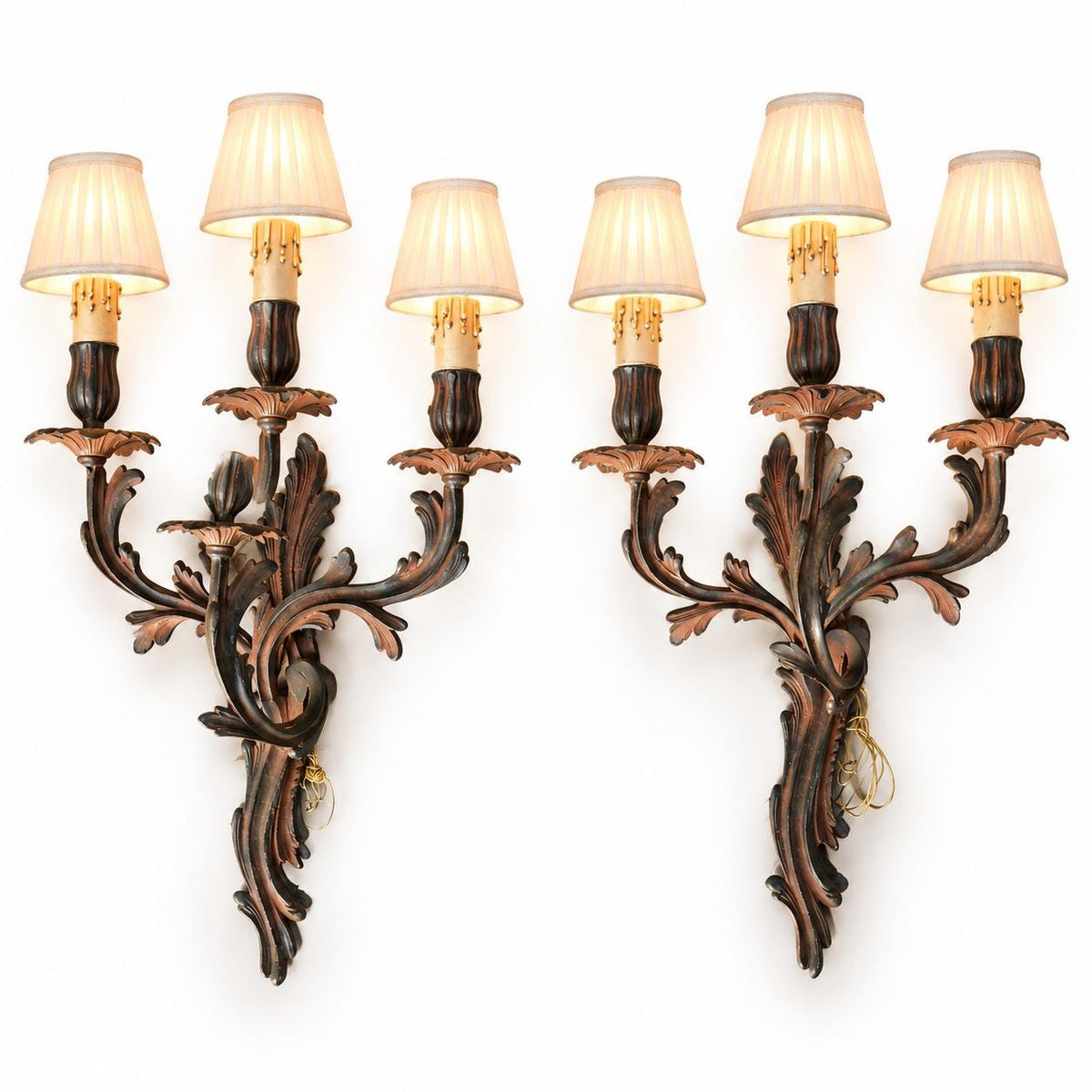 Pair of Vintage Large Louis XV Style Bronze Wall Sconces, Three-Arm Rocaille Acanthus Design, Dark Patina with Copper Tones