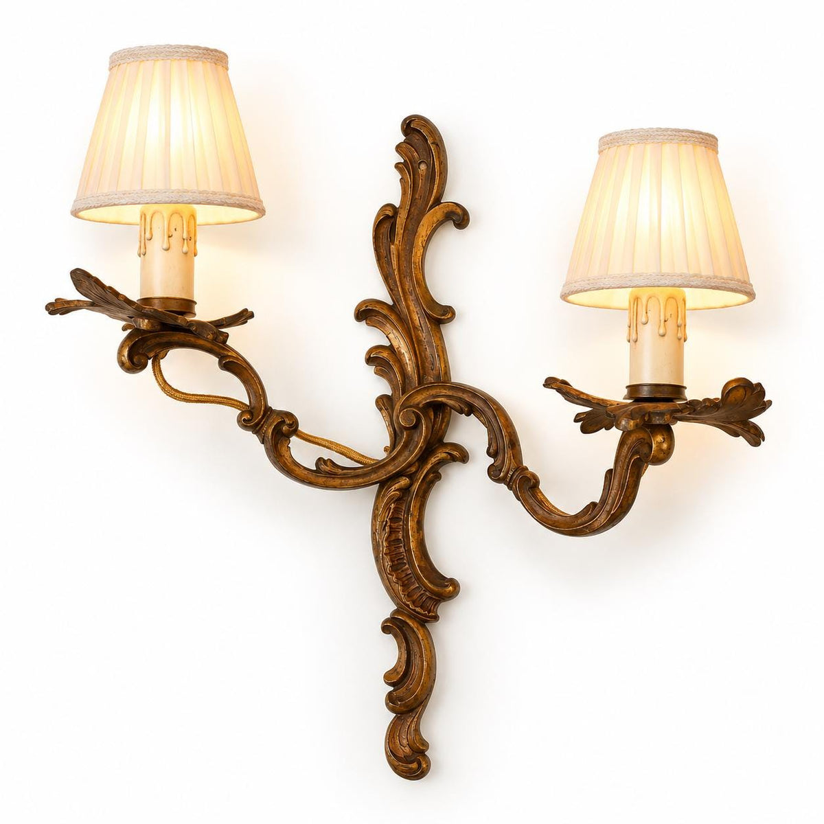 Vintage Louis XV Style Bronze Double Wall Sconce, Rocaille Scroll Backplate with Two Curling Arms and Leaf Bobeches