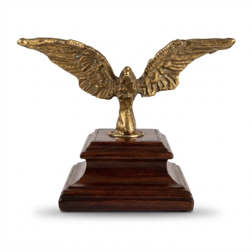 Vintage 1940s Gilt Bronze Eagle Trophy Paperweight with Spread Wings on Stepped Wood Plinth, Desk Sculpture or Office Decor