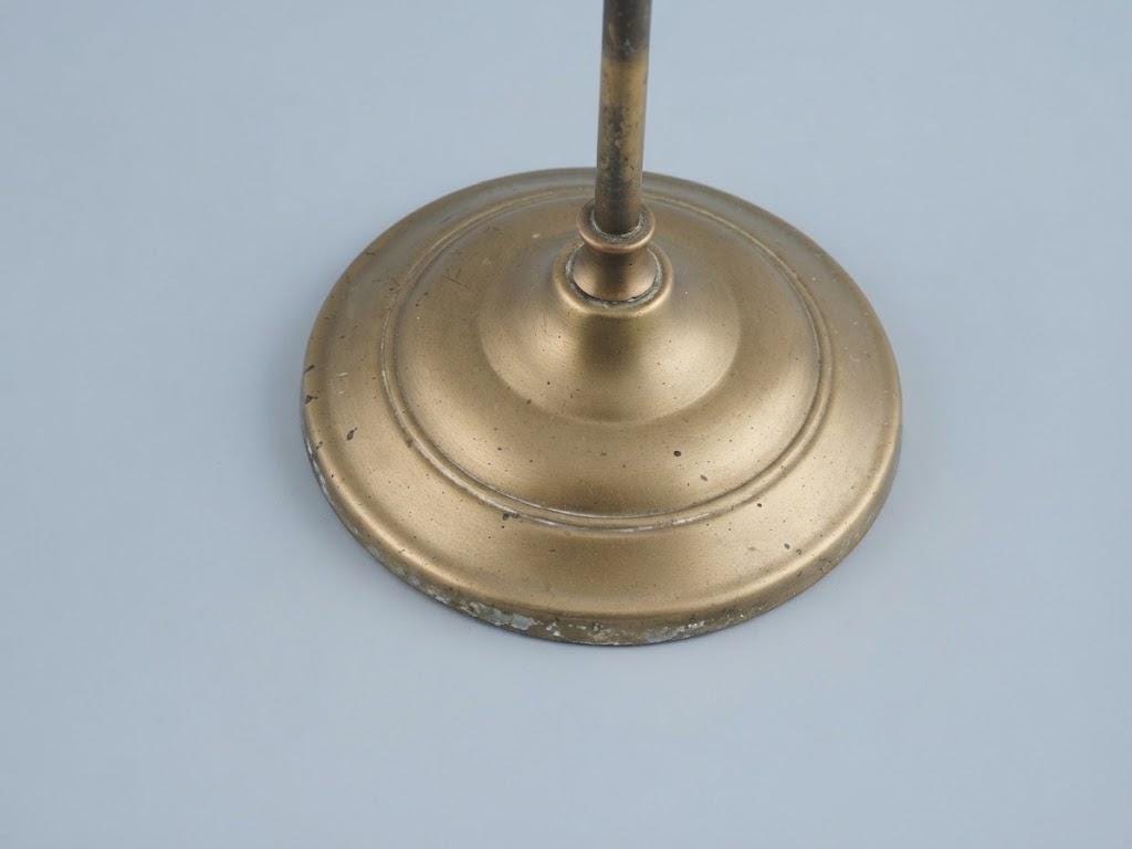Vintage Adjustable Brass-Tone Desk Lamp with Brown Ribbed Glass Bell Shade, Ring Finial and Curved Arm, 43 cm