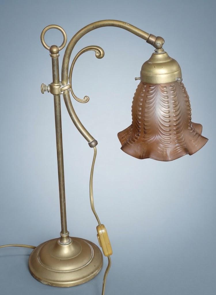 Vintage Adjustable Brass-Tone Desk Lamp with Brown Ribbed Glass Bell Shade, Ring Finial and Curved Arm, 43 cm