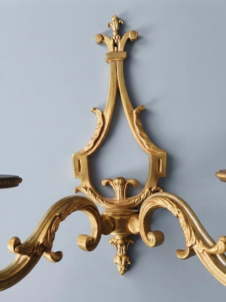 Set of Three Vintage Louis XVI Style Bronze Wall Sconces, Two-Arm Lyre Backplate with Fleur-de-Lis Crest and Beaded Bobeches
