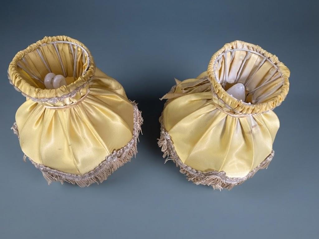 Pair of Vintage Gilt Bronze Bedside Table Lamps with Yellow Satin Fringed Shades, Acanthus Oval Bases, Boudoir Lighting