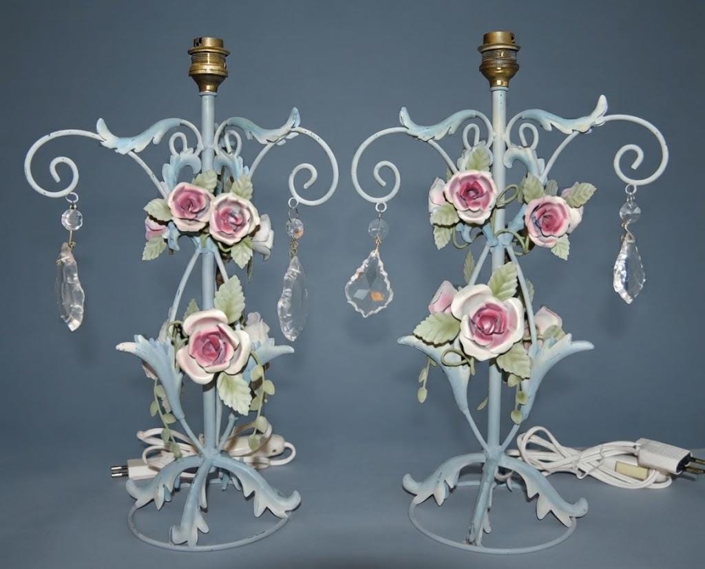 Pair of Vintage Painted Tole Table Lamps with Pink Roses and Glass Drops, Pale Blue Scrolled Metal Frame, Shabby Chic Decor