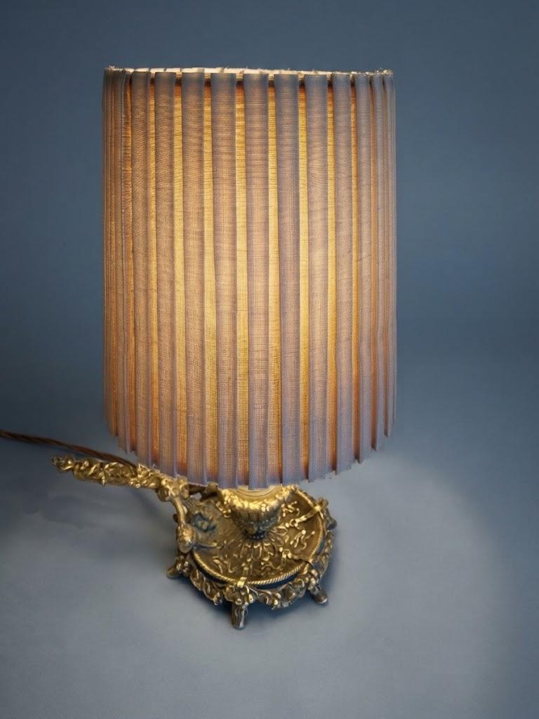 Vintage French Bronze Chamberstick Table Lamp with Pleated Shade, Ornate Scroll Handle and Small Feet, 28 cm