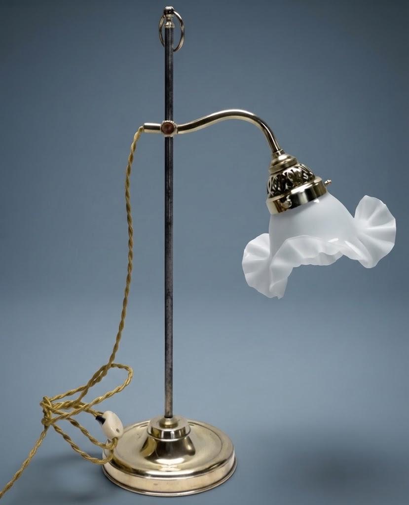 Vintage Bronze Adjustable Desk Lamp with Ruffled White Opaline Glass Tulip Shade, Sliding Swan Neck Arm and Ring Finial