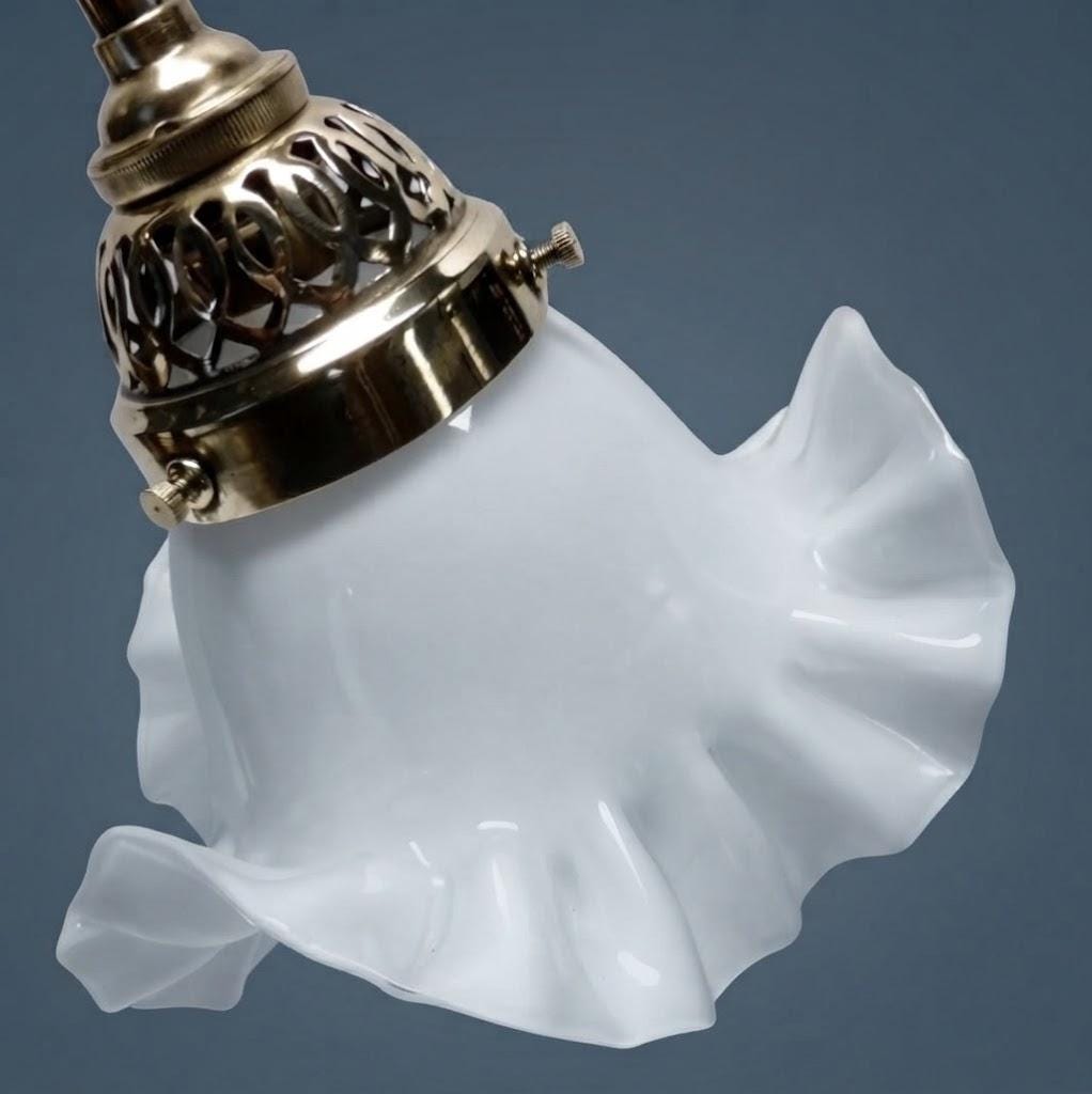 Vintage Bronze Adjustable Desk Lamp with Ruffled White Opaline Glass Tulip Shade, Sliding Swan Neck Arm and Ring Finial