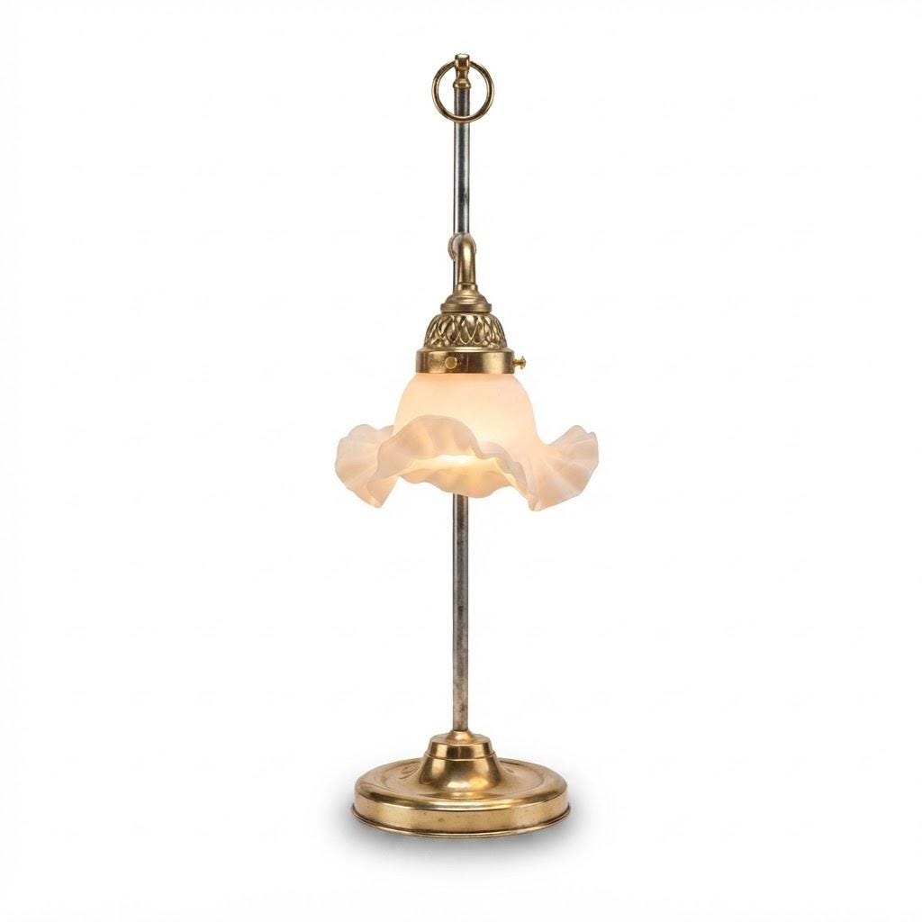 Vintage Bronze Adjustable Desk Lamp with Ruffled White Opaline Glass Tulip Shade, Sliding Swan Neck Arm and Ring Finial