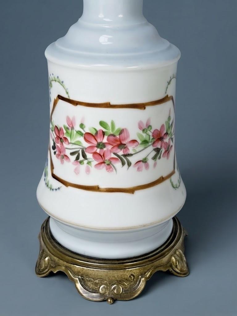 Antique 19th Century Hand-Painted Porcelain Table Lamp, Pink Floral Garland on White, Bronze Scroll Foot, Converted Oil Lamp