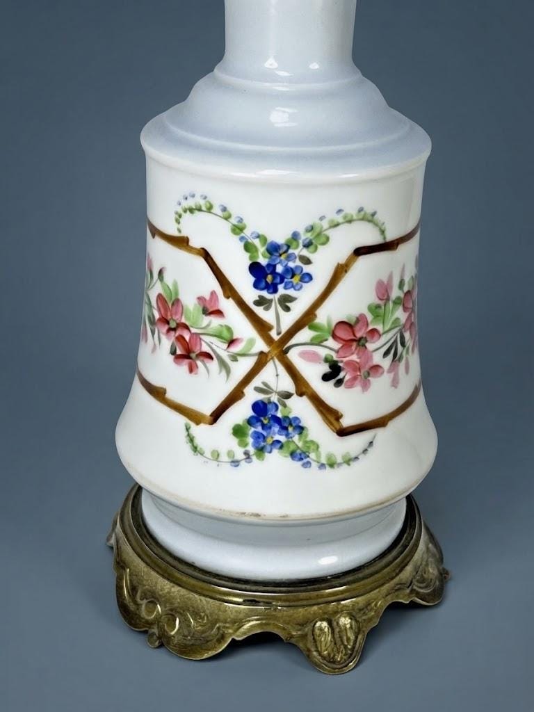 Antique 19th Century Hand-Painted Porcelain Table Lamp, Pink Floral Garland on White, Bronze Scroll Foot, Converted Oil Lamp