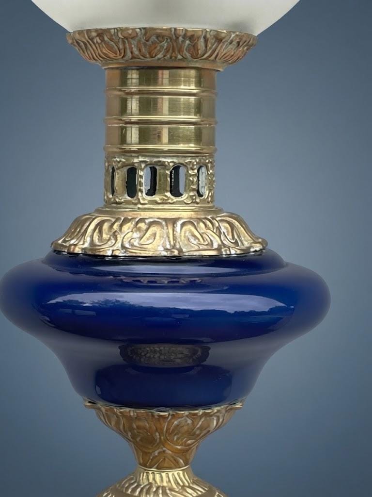 Large Vintage Cobalt Blue Porcelain Baluster Table Lamp with Etched Frosted Glass Globe, Bronze Mounts, Converted Oil Lamp