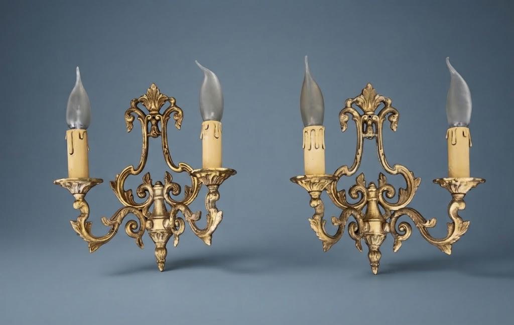 Pair of Vintage Louis XV Style Bronze Wall Sconces, Two-Arm Lyre Backplate with Palmette Crest and Scrolling Acanthus Arms
