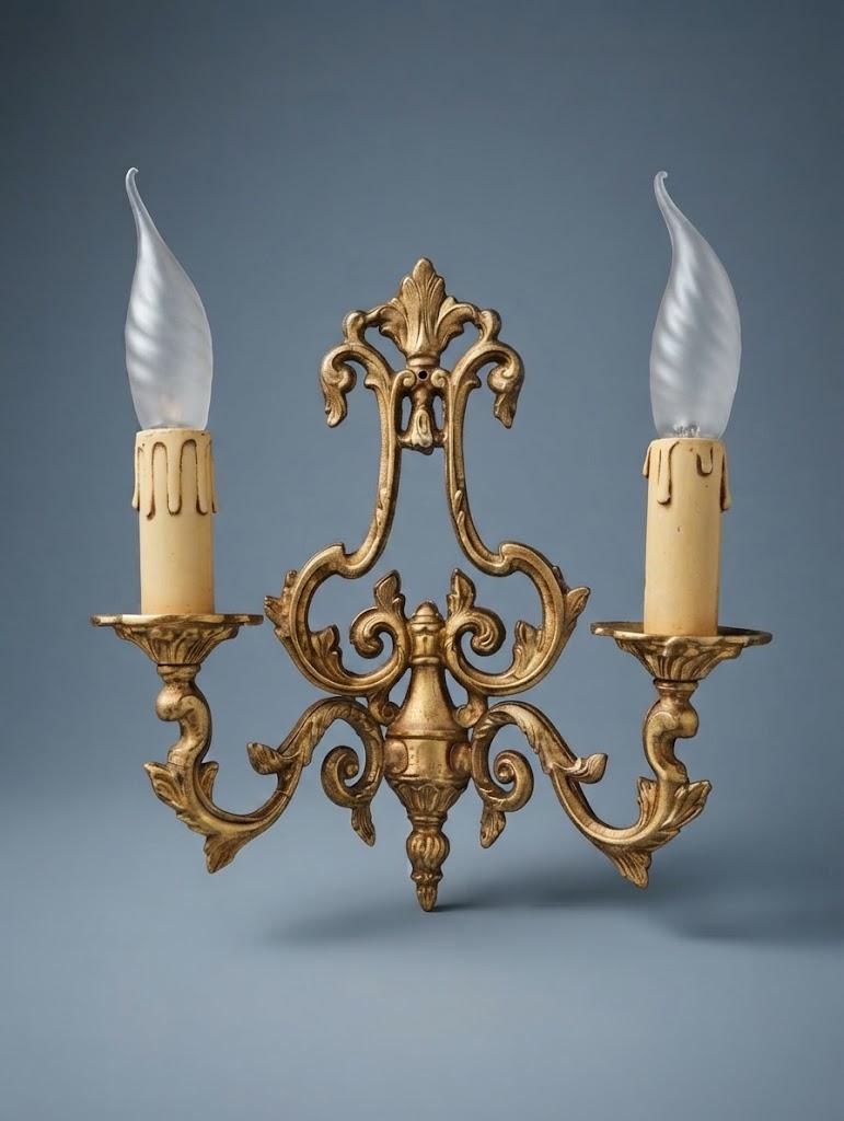 Pair of Vintage Louis XV Style Bronze Wall Sconces, Two-Arm Lyre Backplate with Palmette Crest and Scrolling Acanthus Arms