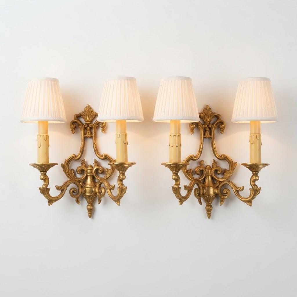 Pair of Vintage Louis XV Style Bronze Wall Sconces, Two-Arm Lyre Backplate with Palmette Crest and Scrolling Acanthus Arms