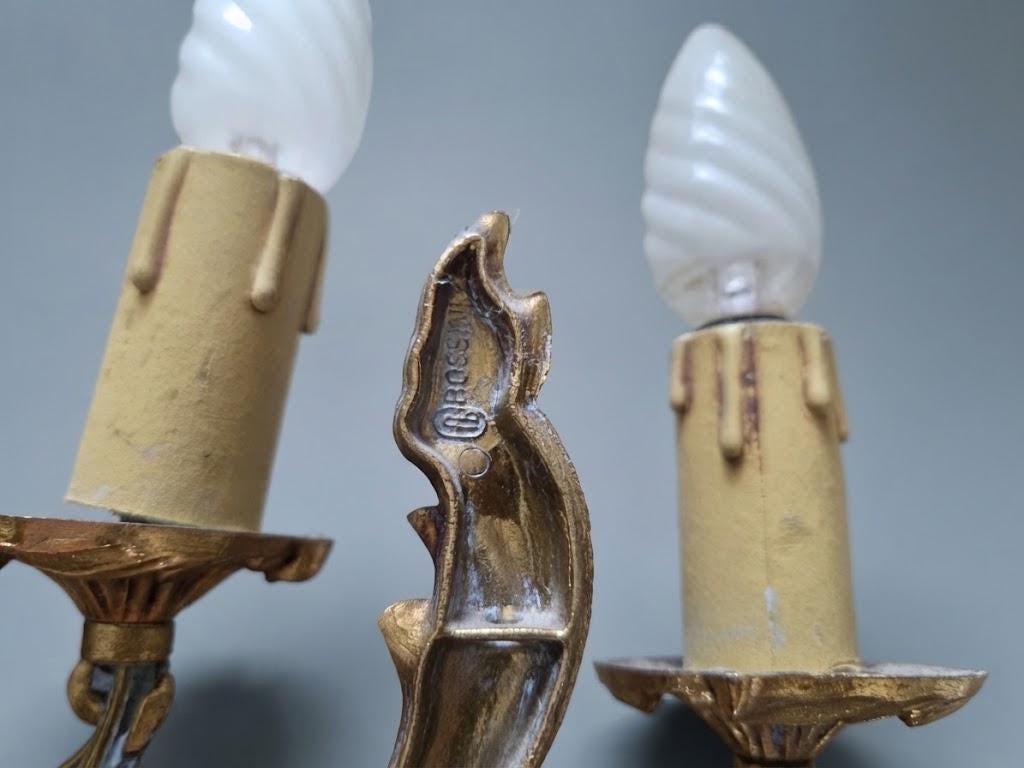 Pair of Vintage Louis XV Style Brass or Bronze Wall Sconces, Two-Arm Rocaille Acanthus Design with Fluted Cup Bobeches, Candle Lights