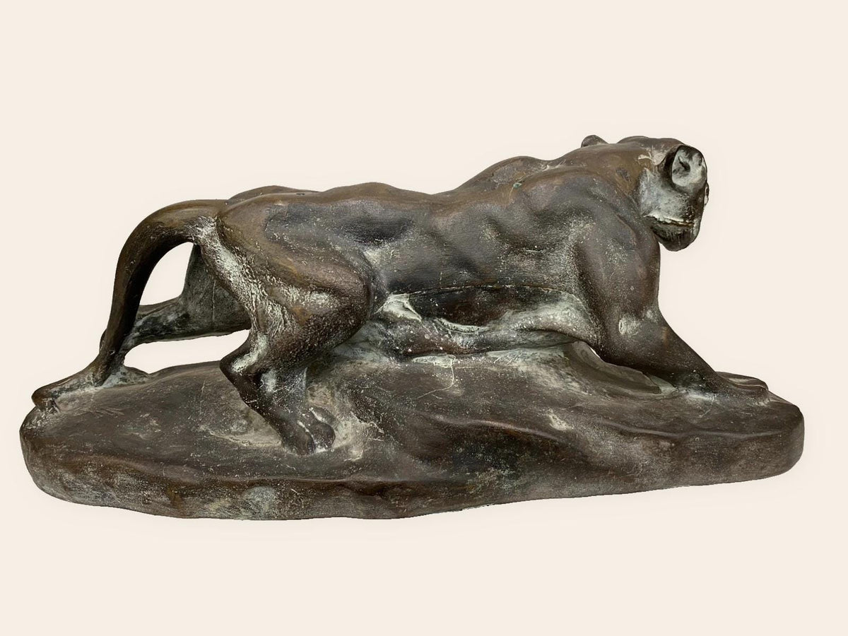Vintage Art Deco Bronze Panther Sculpture, Stalking Big Cat on Naturalistic Base, Large Animalier Statue, 18.5 Inches Long