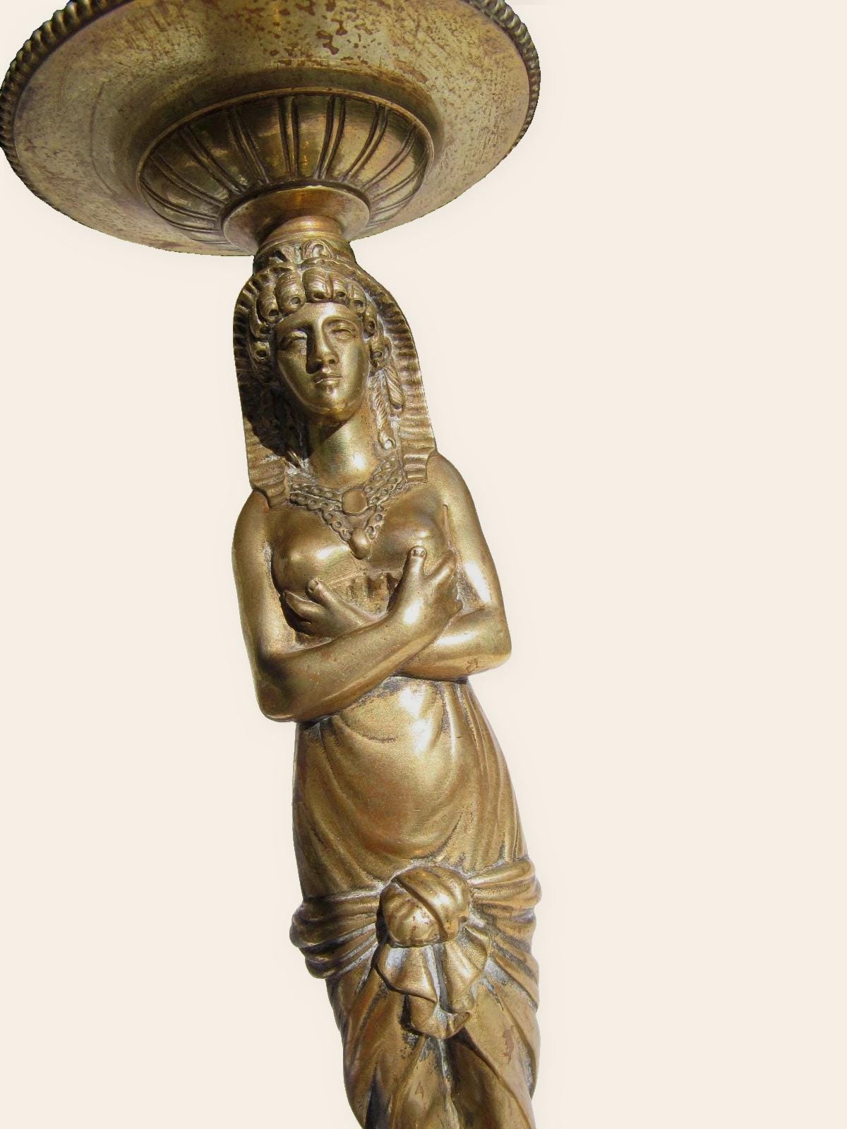 Antique 19th Century Gilt Bronze Egyptian Revival Caryatid Table Lamp, Draped Female Figure Stem, Urn Collar, Shade Harp