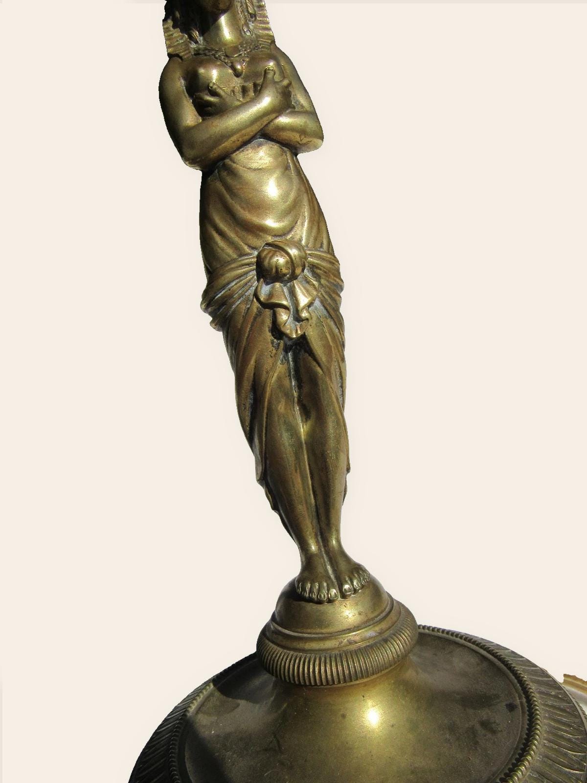 Antique 19th Century Gilt Bronze Egyptian Revival Caryatid Table Lamp, Draped Female Figure Stem, Urn Collar, Shade Harp