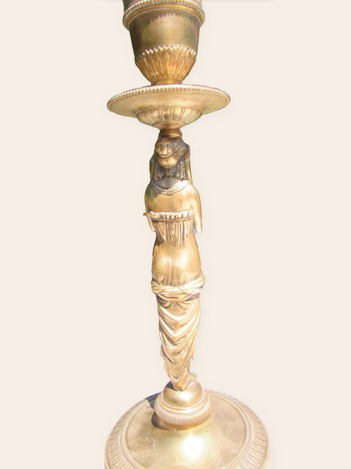 Antique 19th Century Gilt Bronze Egyptian Revival Caryatid Table Lamp, Draped Female Figure Stem, Urn Collar, Shade Harp