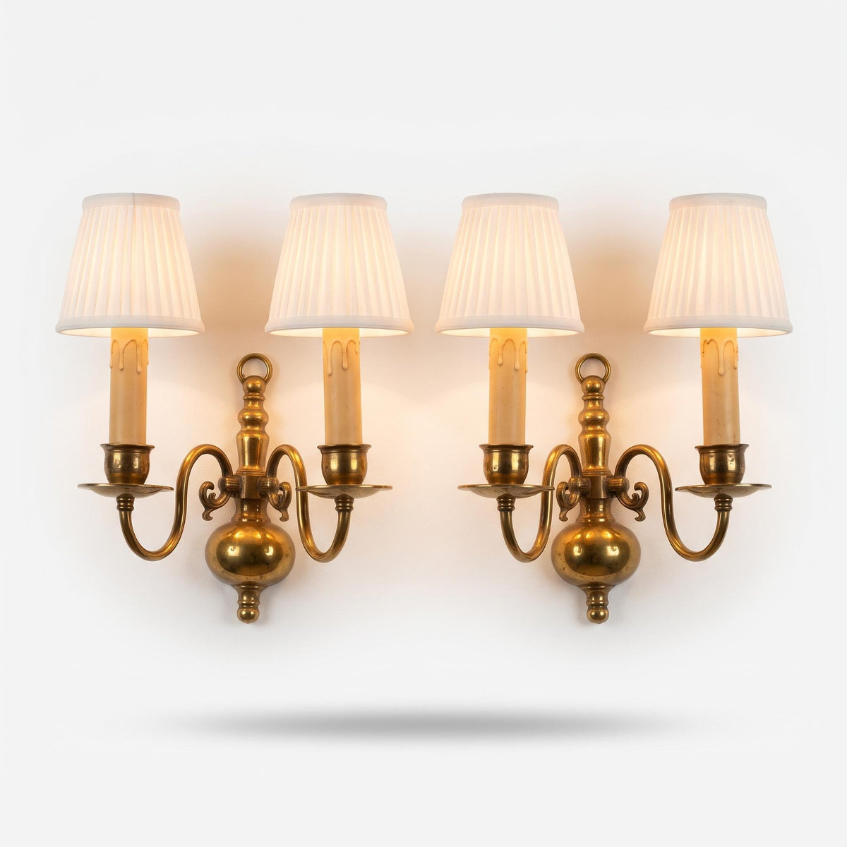 Vintage Pair of Brass Two-Arm Wall Sconces, Baroque Style with Scrolled Arms and Ball Base, Classic Candle Wall Lights