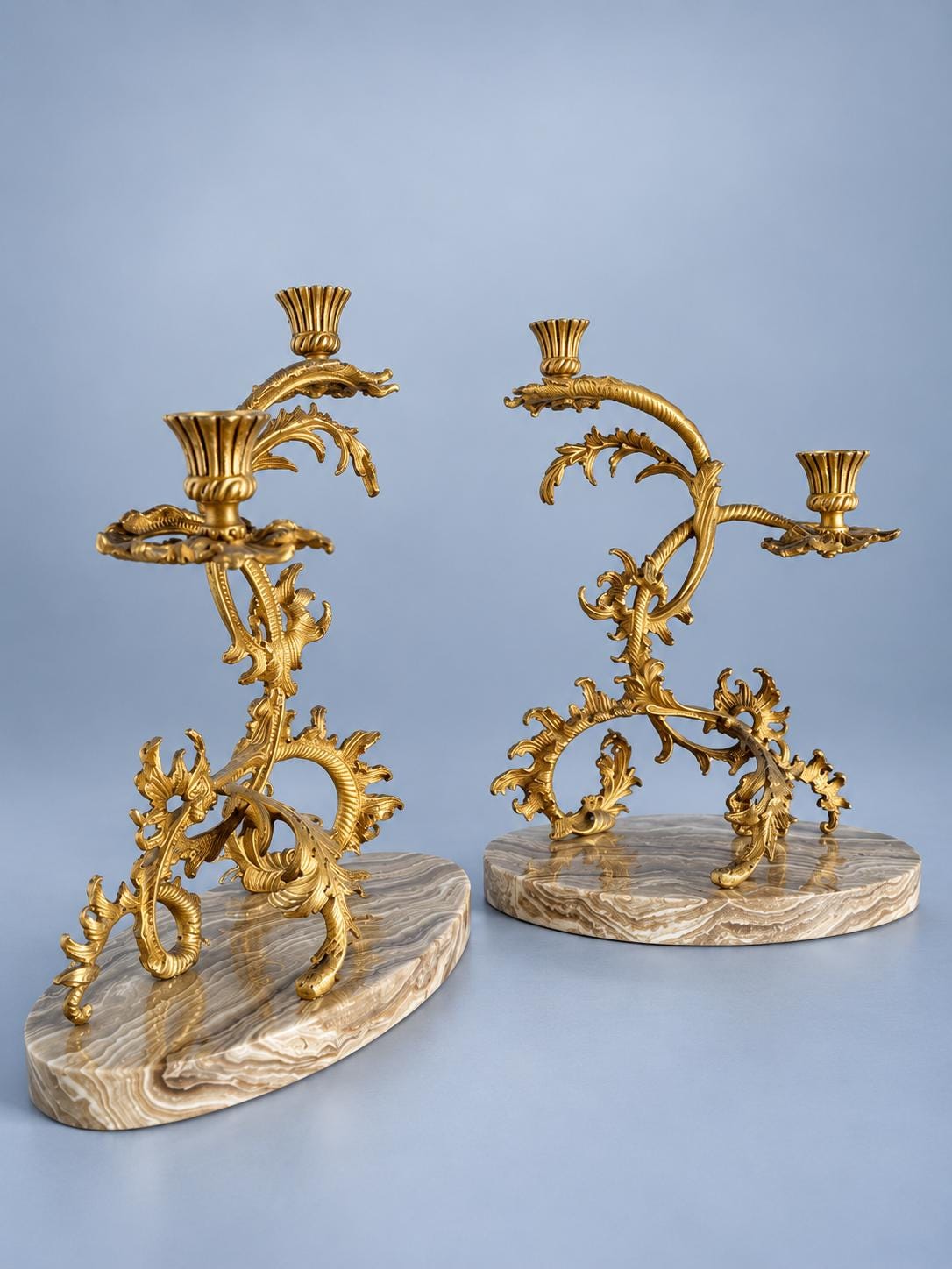 Vintage Pair of Gilt Metal Rococo Two-Light Candelabra on Marble Bases, Mirrored Acanthus Scroll Design