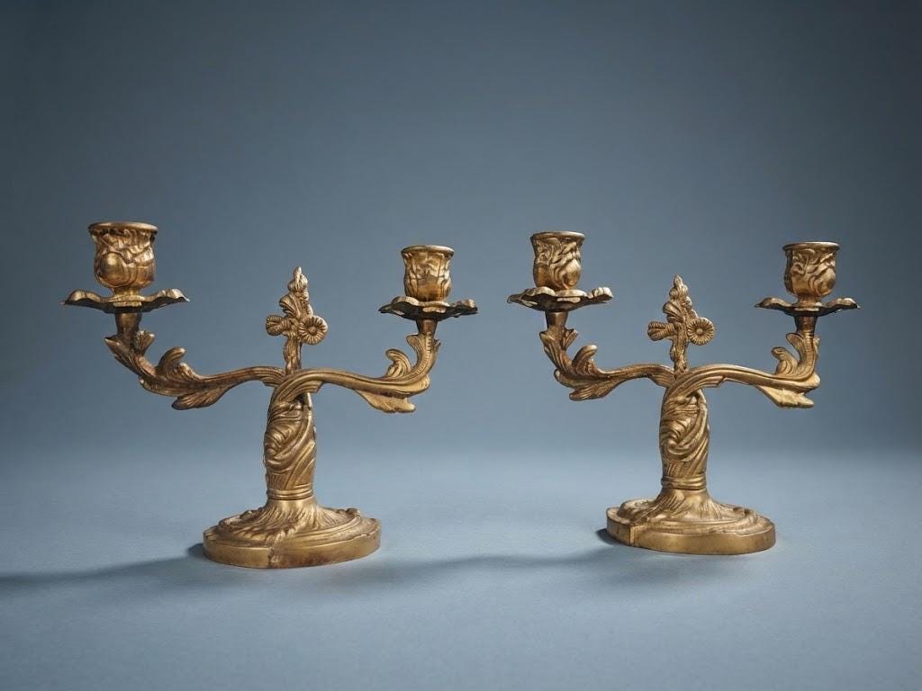 Pair of Antique Louis XV Style Gilt Bronze Two-Light Candelabra, Rocaille Scroll Arms with Flower Bud Cups, circa 1880