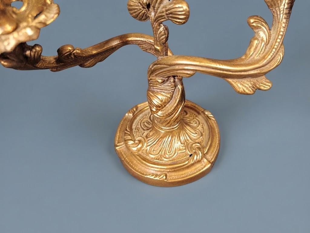 Pair of Antique Louis XV Style Gilt Bronze Two-Light Candelabra, Rocaille Scroll Arms with Flower Bud Cups, circa 1880