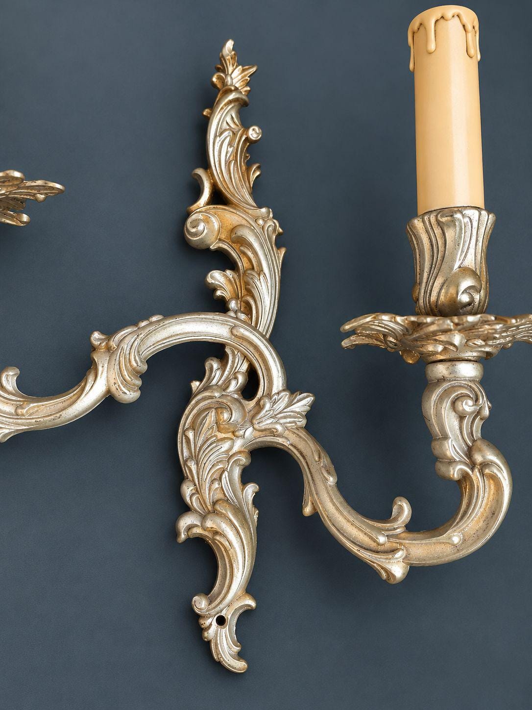 Set of Four Vintage Louis XV Style Bronze Wall Sconces, Two-Arm Rocaille Acanthus Design with Leaf Bobeches, Two Pairs